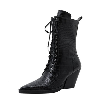 Retro Pointed Stone Pattern Chunky Heel Simple Lace High Heels Fashion Boots