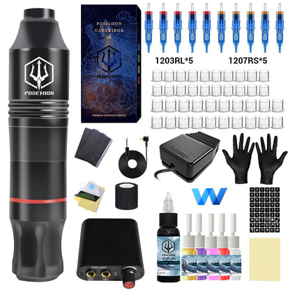 Tattoo Kit POSEIDON New Memory Tattoo Pen Kit For Permanent Makeup Tattoo Machine Wireless Tattoo Power Supply Tattoo Gun Kit