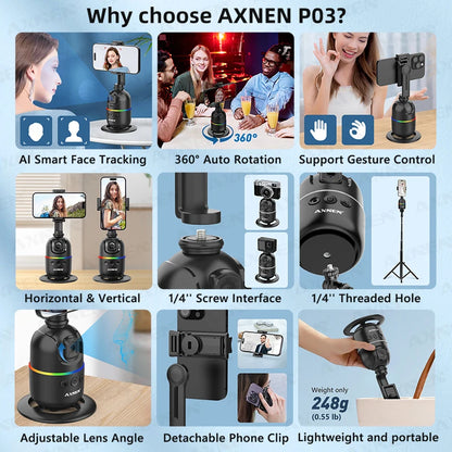 Smart Auto Face Tracking Desktop AI Gimbal for Smartphone & Action Camera 360 Rotation Follow