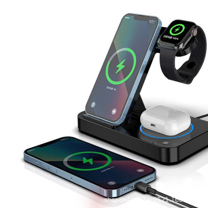 Three-in-one Wireless Charging Stand, 15W Max Output, Compatible with Samsung Phones, Headphones, Watches, Type-C to USB-A Cable, 120cm Cable Length, Black/White