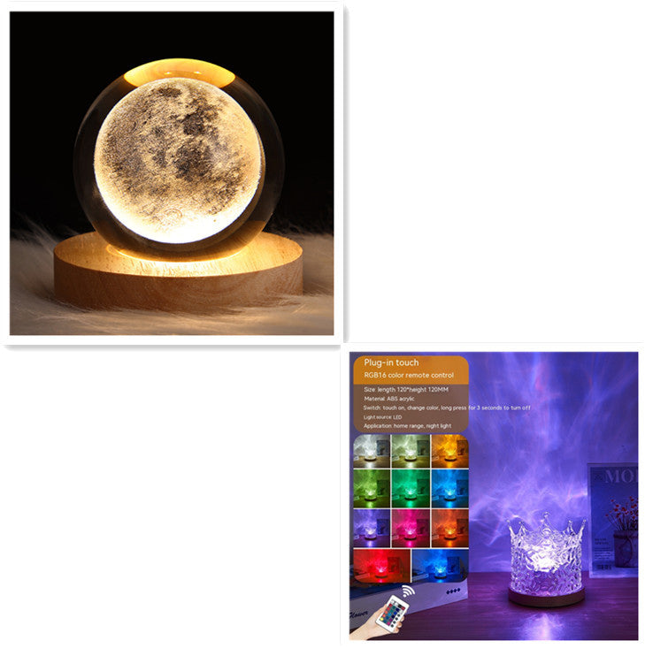 مصباح طاولة كريستالي دوار LED على شكل تموجات مائية ليلية مع منفذ USB وإضاءة RGB قابلة للتعتيم لتزيين المنزل و16 لونًا من الهدايا