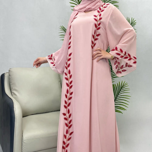 Round Neck Plant Embroidery Pattern Long Dress