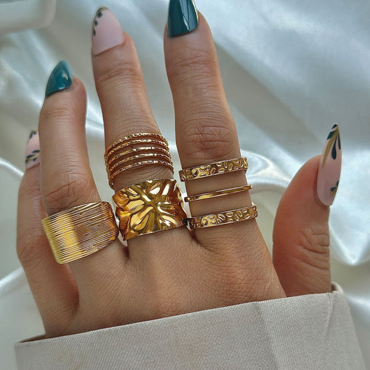 Stainless Steel Vacuum Plating 18K Gold Multi-layer Multi-point Curved Personality Ring