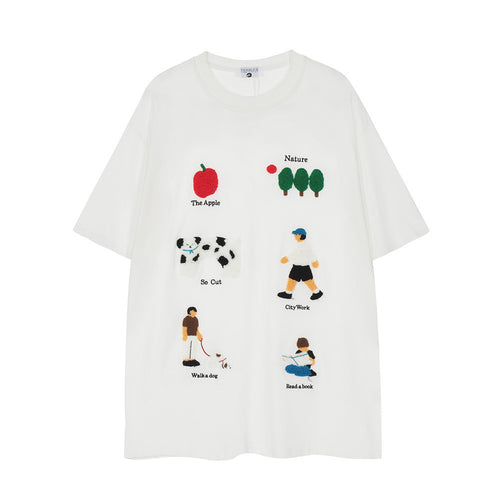 Cartoon Plush Embroidery Loose Short Sleeve Men