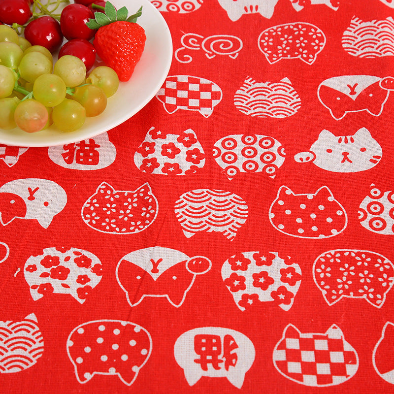 Cat Head Printing Handmade Linseed Cotton DIY Tablecloth Door Curtain Pillow Background Fabric