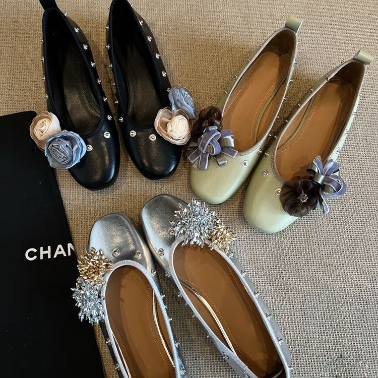 Diy Flower Rivet Mary Jane Shoes Shallow Mouth Flat Bottom