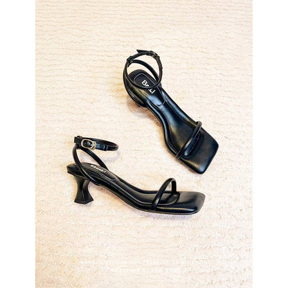 One-strap High Heels Square Toe Black Niche High-end Shit-stepping Sandals