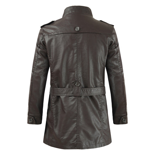 Men's Mid-length Fleece-lined Casual Stand Collar Leather Wind Coat