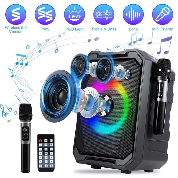 Portable Wireless Party Speaker With LED Light 2 Wireless Mics Remote Control TWS Music Accompany Mic. Priority Bass Echo Mic Treble Guitar In