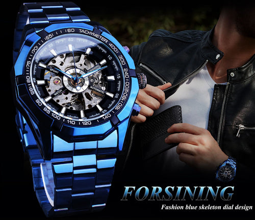 Casual Hollow Blue Plating Automatic Mechanical Watch