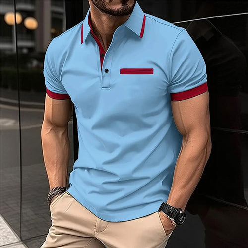 European And American Leisure Polo Shirt Chest Faux Pocket Lapel Button Business T-shirt Color Matching