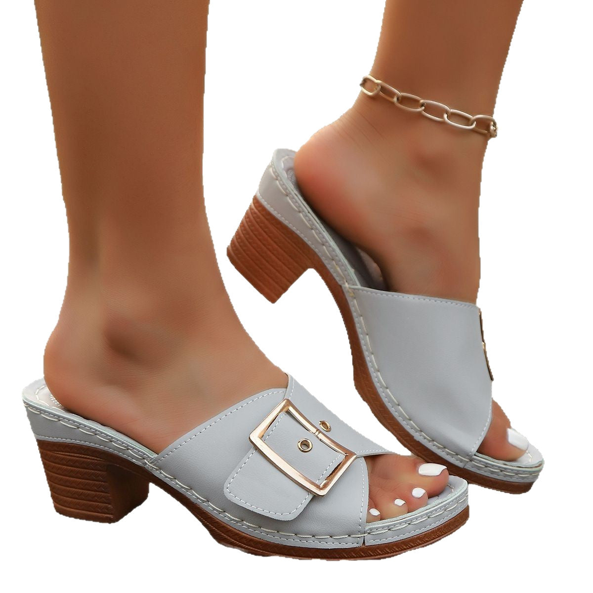 Foreign Trade Women's Shoes 2025 Summer New Chunky Heel Buckle Metal Buckle Slippers With Beach Slippers