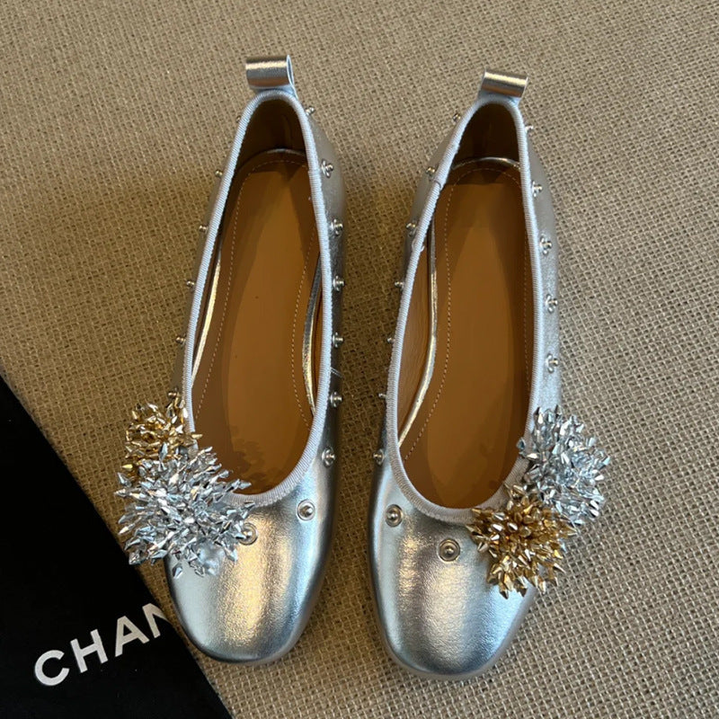 Diy Flower Rivet Mary Jane Shoes Shallow Mouth Flat Bottom