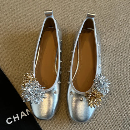 Diy Flower Rivet Mary Jane Shoes Shallow Mouth Flat Bottom