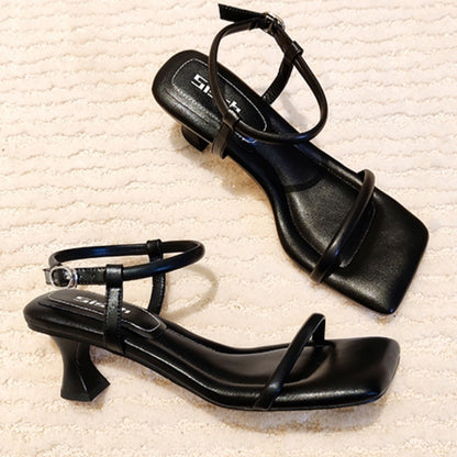 One-strap High Heels Square Toe Black Niche High-end Shit-stepping Sandals