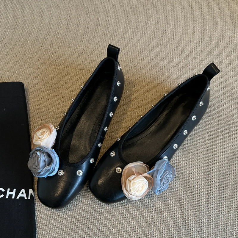 Diy Flower Rivet Mary Jane Shoes Shallow Mouth Flat Bottom