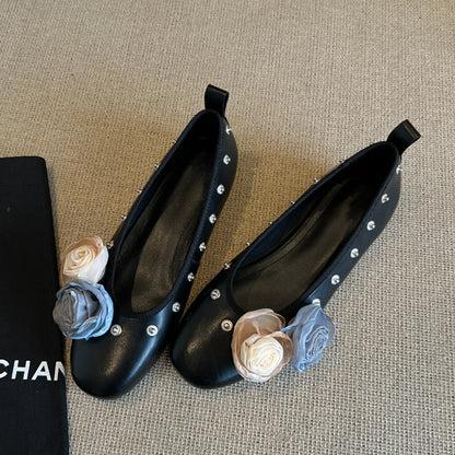 Diy Flower Rivet Mary Jane Shoes Shallow Mouth Flat Bottom