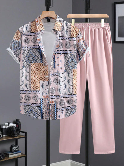 Casual Ethnic Style Short Sleeve Shirt Trousers Suit