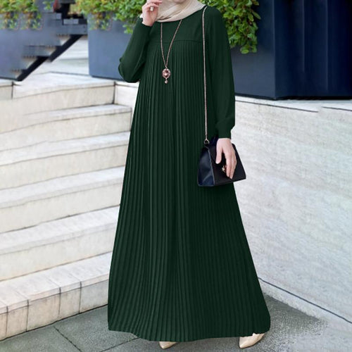 Pleated Skirt Solid Color Round Neck Long Sleeve Pleated Dress