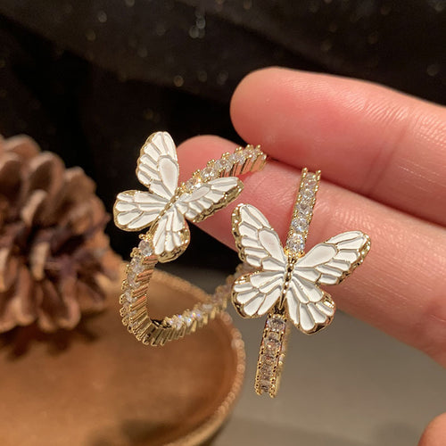 Three-dimensional Micro Inlaid Zircon Fashionable White Butterfly Earrings