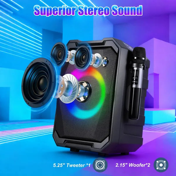Portable Wireless Party Speaker With LED Light 2 Wireless Mics Remote Control TWS Music Accompany Mic. Priority Bass Echo Mic Treble Guitar In