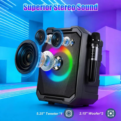 Portable Wireless Party Speaker With LED Light 2 Wireless Mics Remote Control TWS Music Accompany Mic. Priority Bass Echo Mic Treble Guitar In