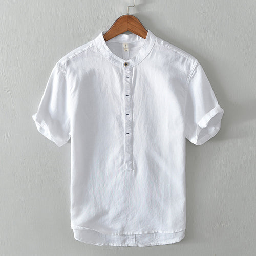 Stand Collar Pullover T-shirt Short Sleeve Men's Casual Cotton Linen Shirt