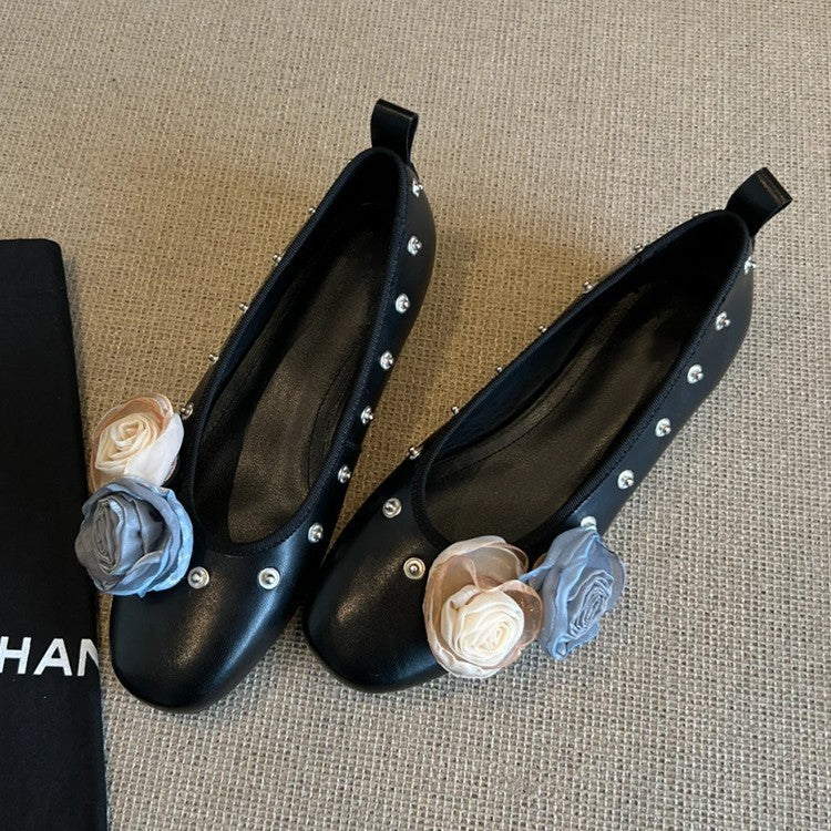 Diy Flower Rivet Mary Jane Shoes Shallow Mouth Flat Bottom