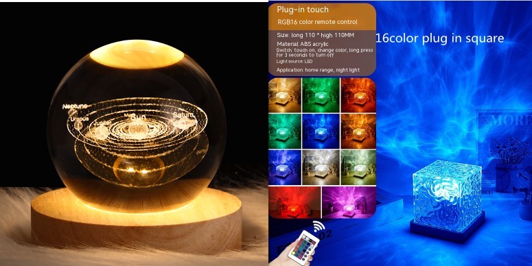 مصباح طاولة كريستالي دوار LED على شكل تموجات مائية ليلية مع منفذ USB وإضاءة RGB قابلة للتعتيم لتزيين المنزل و16 لونًا من الهدايا