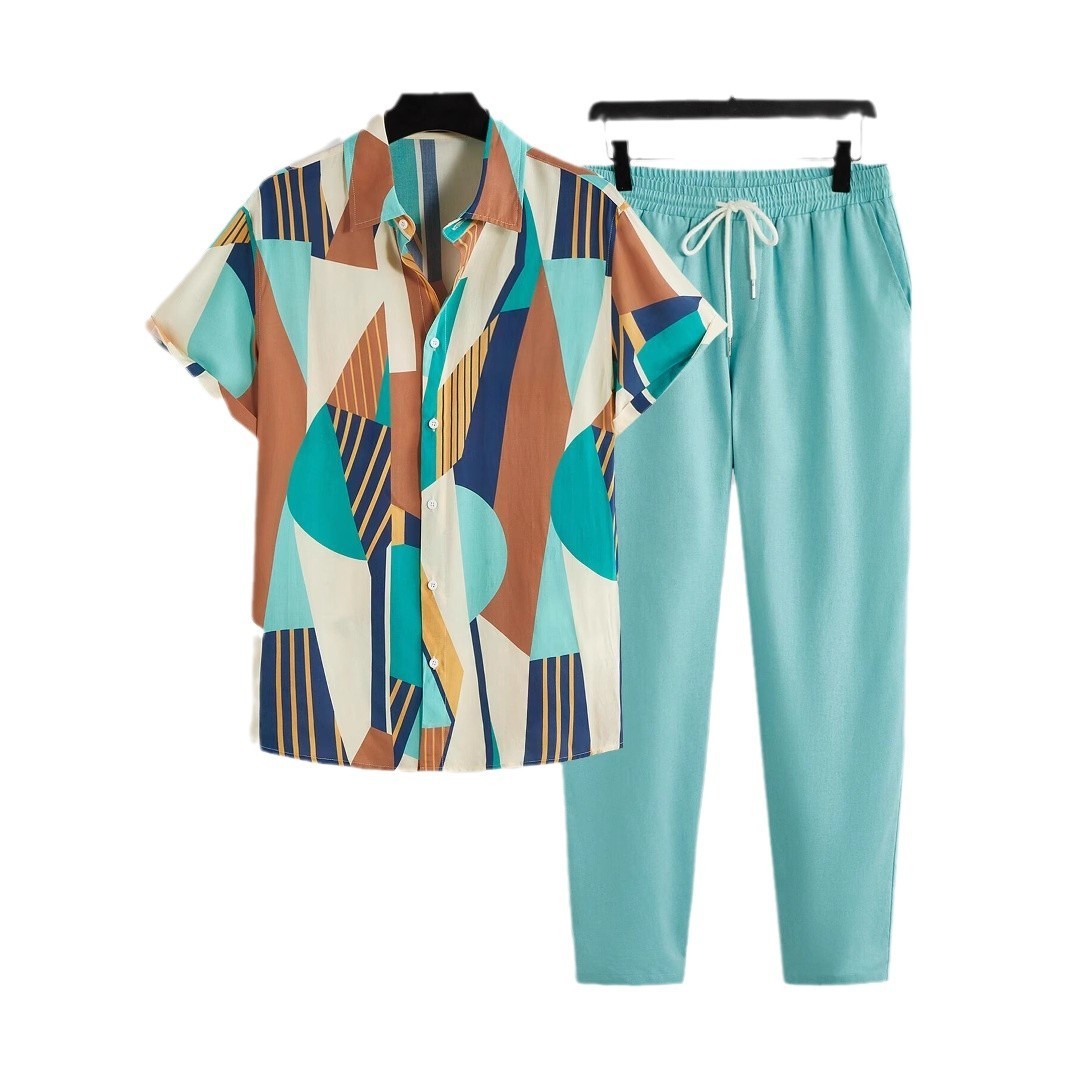 Casual Ethnic Style Short Sleeve Shirt Trousers Suit