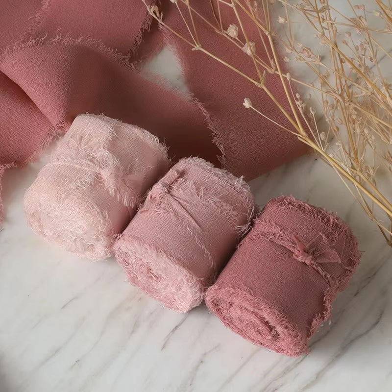 3 Rolls 6.5m Per Roll Frayed Silk Ribbon Edged Wrinkle Chiffon Handmade Ripped Wedding Party Flower Bouquet Gift Packing Decorations