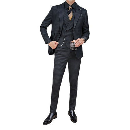 Men's British Slim-fitting Double Button Striped Suit Three-piece Suit