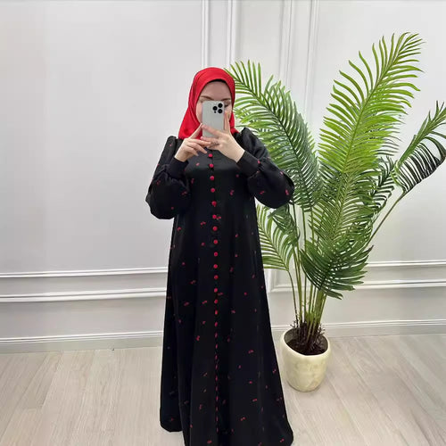 Muslim Style Short Sleeve Print Belt Women's Clothing Dress