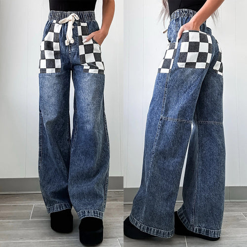 Loose Plaid Contrast Color Women's Denim Trousers