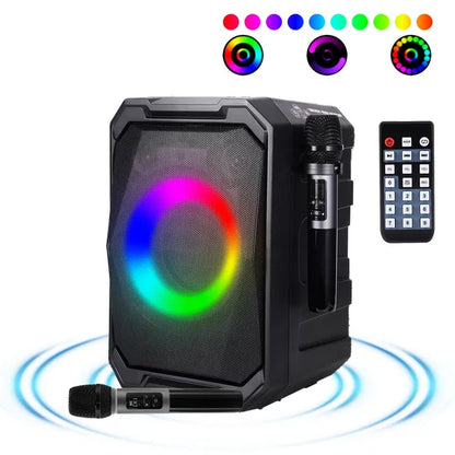 Portable Wireless Party Speaker With LED Light 2 Wireless Mics Remote Control TWS Music Accompany Mic. Priority Bass Echo Mic Treble Guitar In
