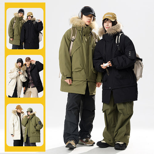 90 White Duck Down Hong Kong Style Mid-length Hem Fur Collar Detachable Warm Cold-resistant Couple Style