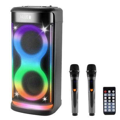 Portable Wireless Party Speaker With LED Light Wireless Mic Remote Control TWS Treble Bass Mic. Echo Music Accompany Mic. Priority Guitar In