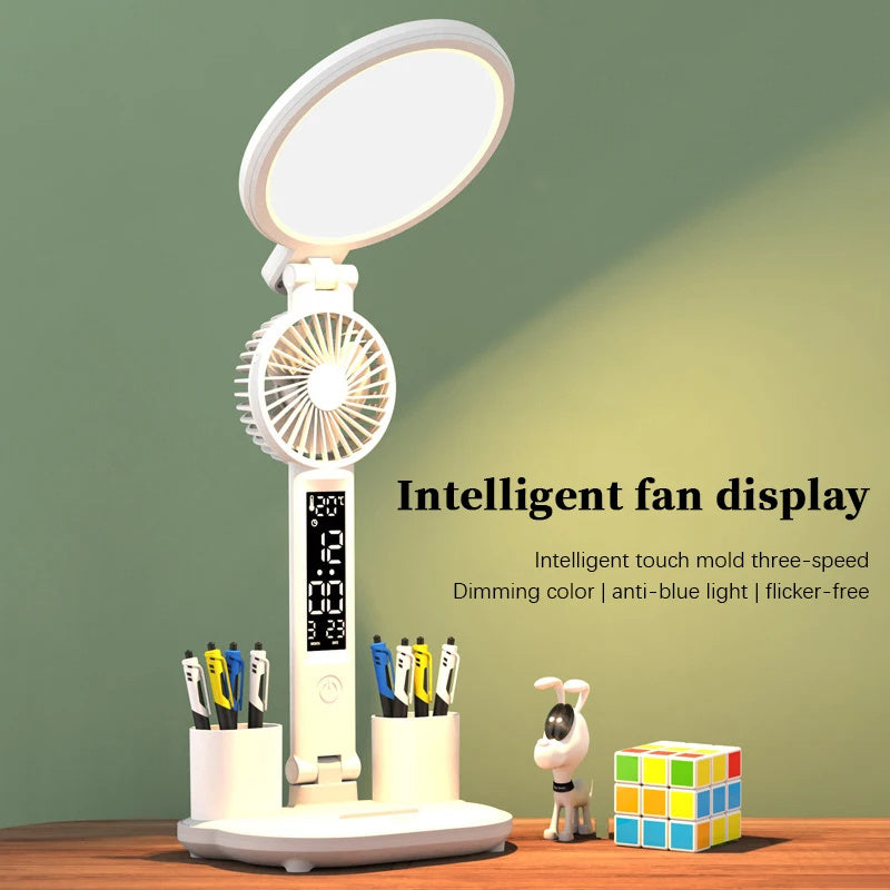 مصباح طاولة LED على شكل ساعة، مصباح مكتب قابل للشحن عبر USB، مصباح مروحة LED قابل للطي، حماية للعين، ضوء ليلي للقراءة